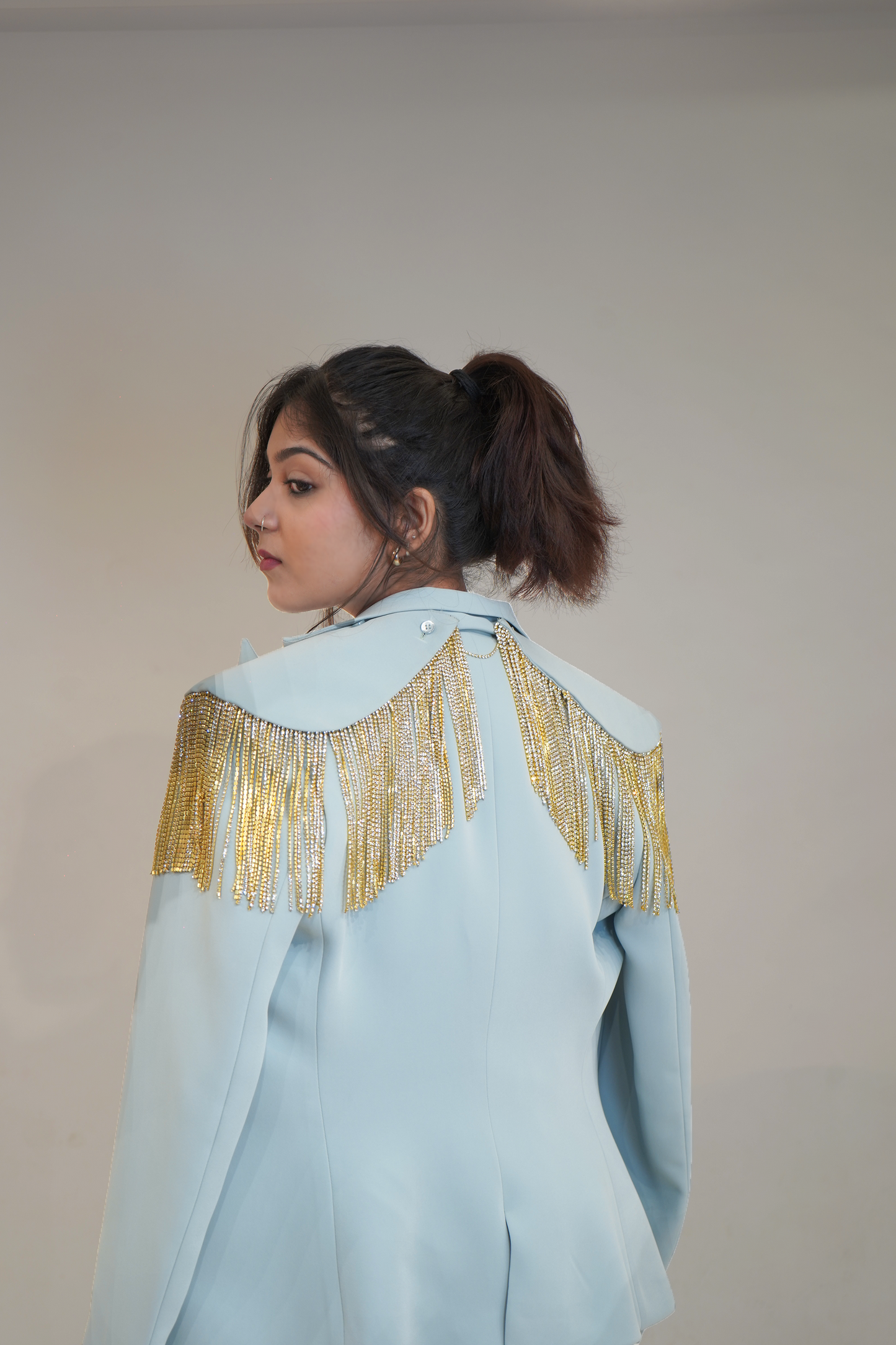 Mint Italian wool crepe Blazer with embellished fringe Shoulder and back details with contrast dark mint trouser.