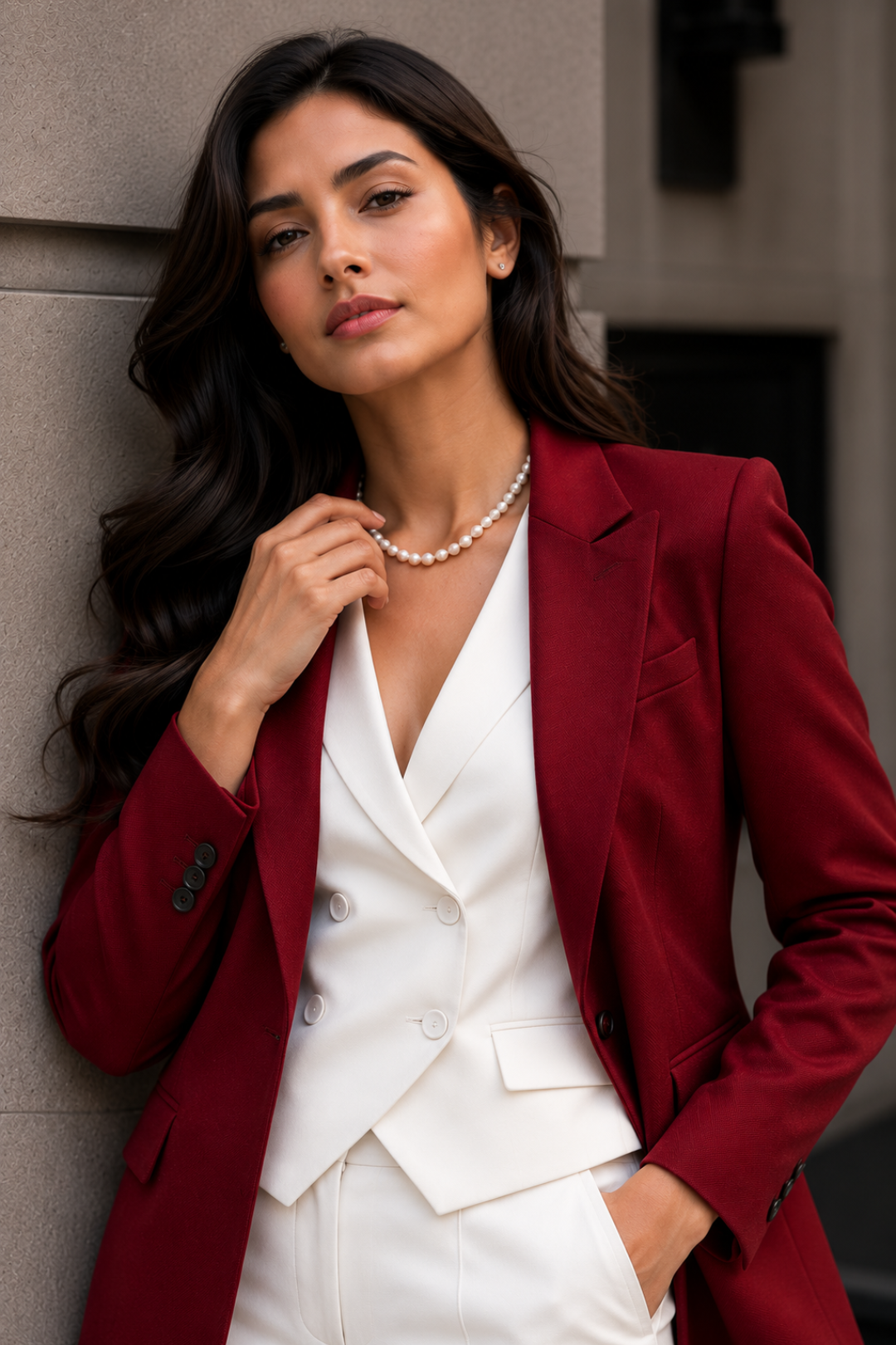 Burgundy Blazer with Ivory & Wide-Leg Trouser Co-Ord Set