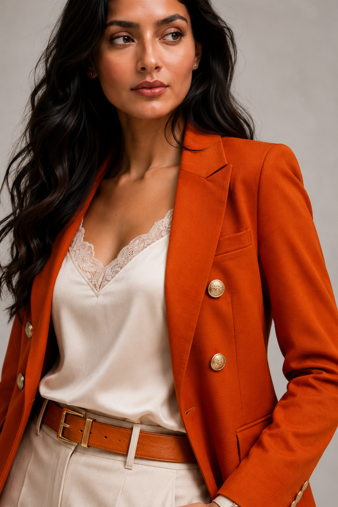 Burnt Orange Self Textured Blazer & Trouser Set for Women | Premium Tailored Formal Suit