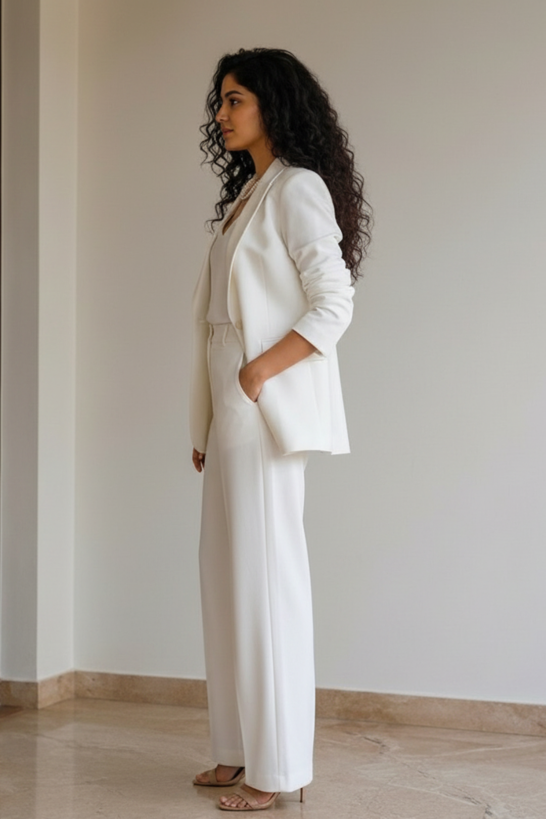 Women’s Ivory White Self-Textured Co-Ord Pant Suit Set | Premium Formal Blazer Outfit