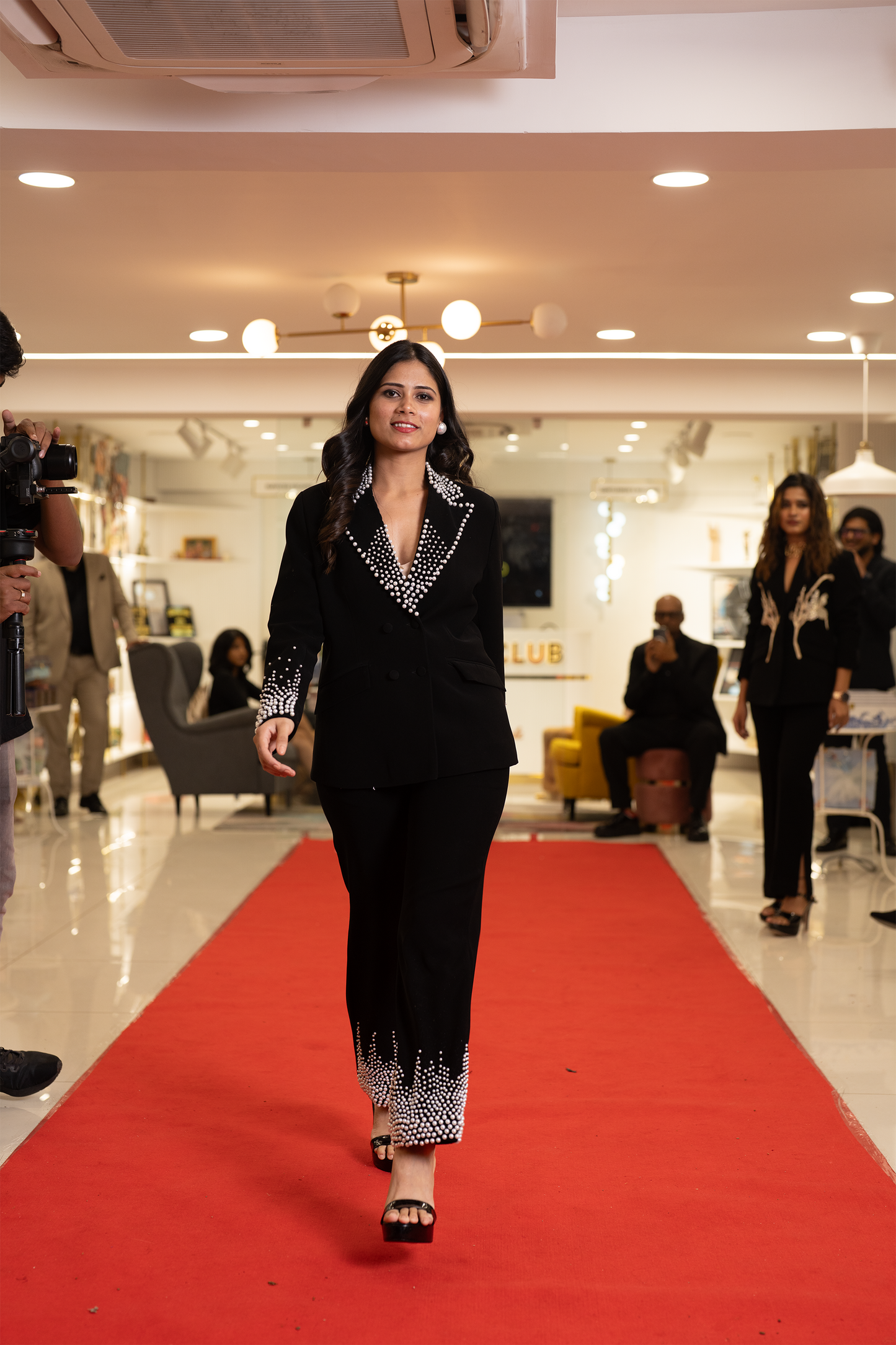 Italian black wool crepe designer pearl embroidered blazer and Trouser set