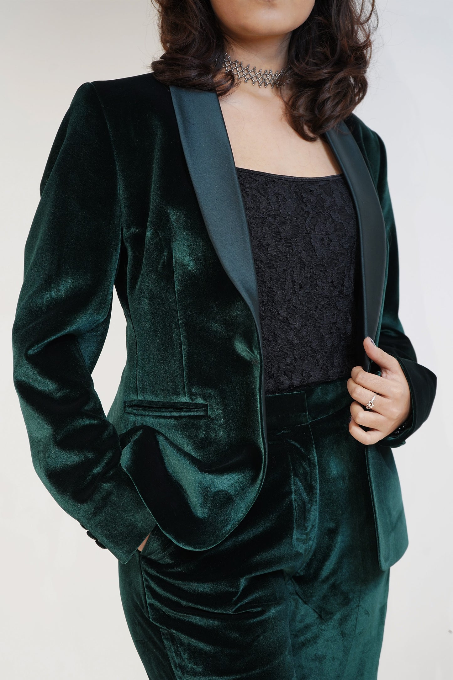 Dark Emerald Green 2 piece velvet Blazer Set.