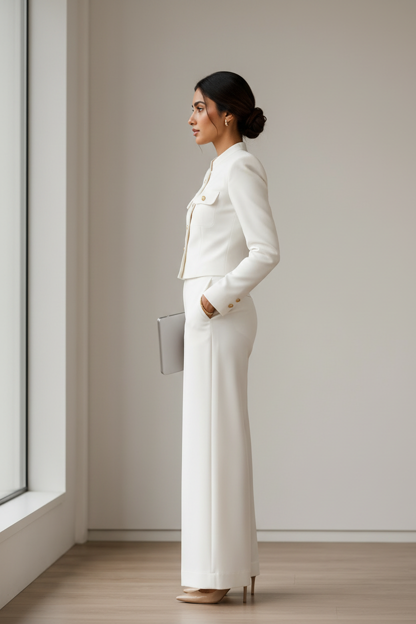 Premium Ivory Office Wear Co-Ord Set for Women | Self-Textured Fabric
