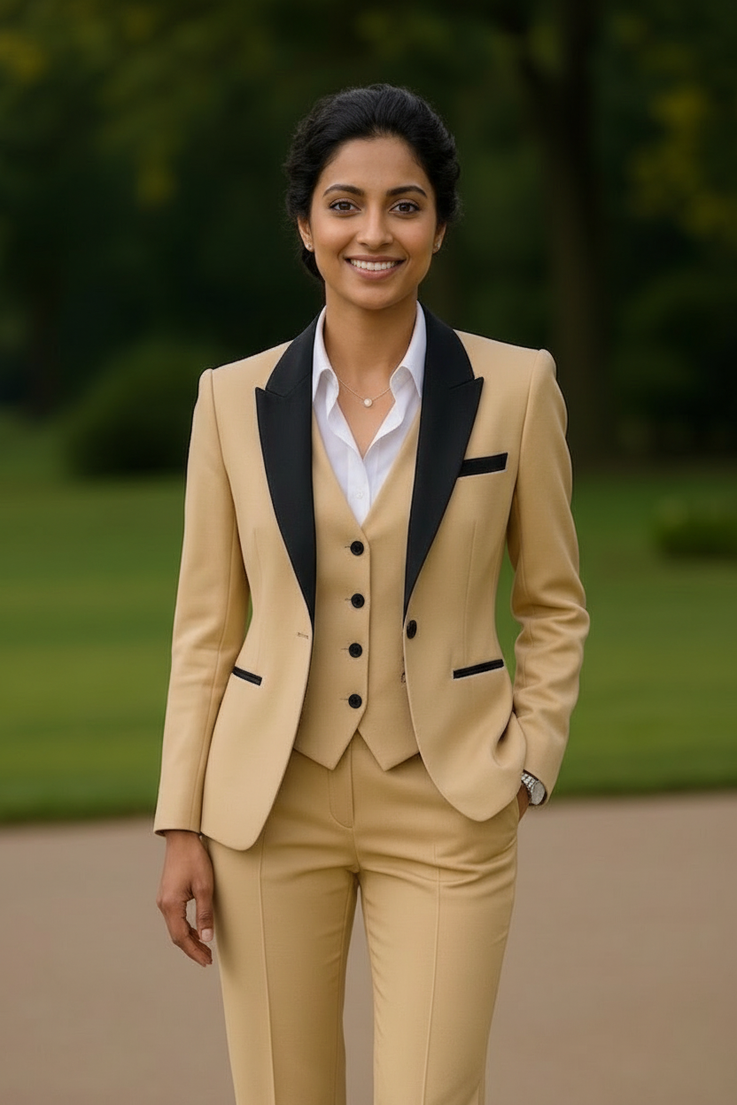 Beige Women’s Formal Three-Piece Power Suit – Blazer, Waistcoat & Tailored Trousers