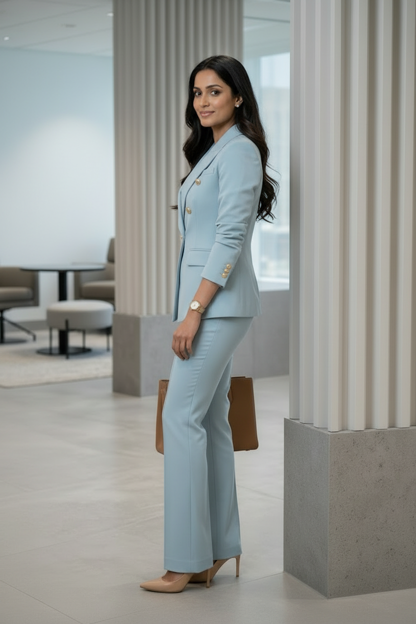 Sky Blue Self-Textured Women’s Power Suit – Double Breasted Blazer & Tailored Trousers Co-ord Set
