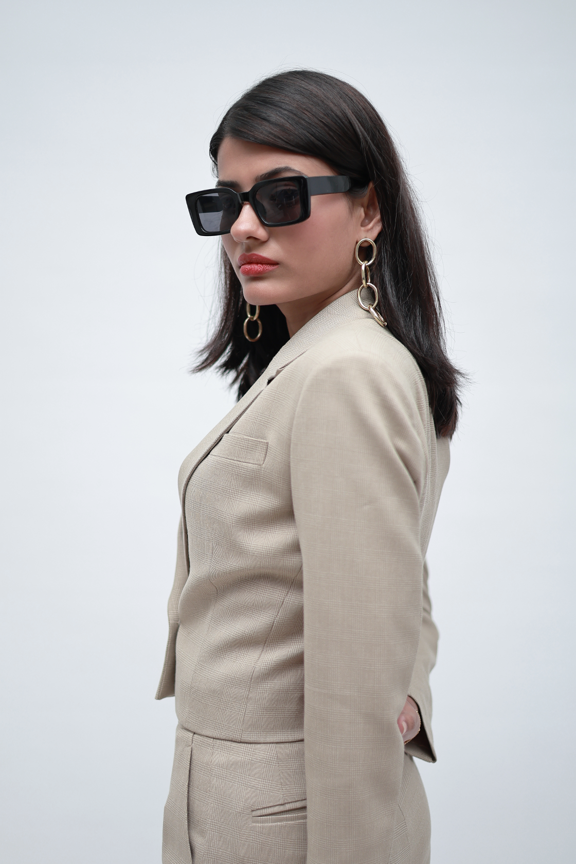 Beige Check Cropped Blazer Suit