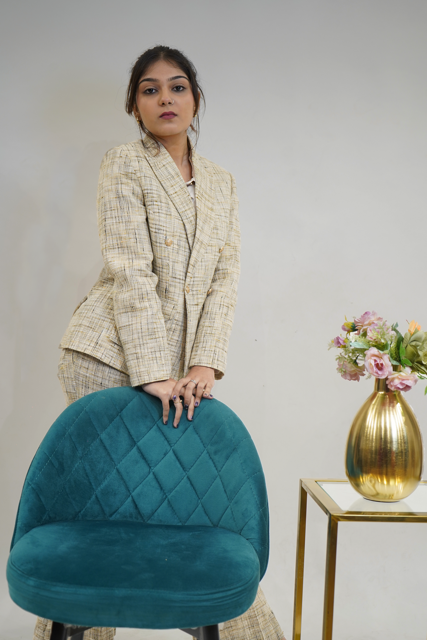 Cream self textured linen based 2 piece double  breasted blazer trouser set.