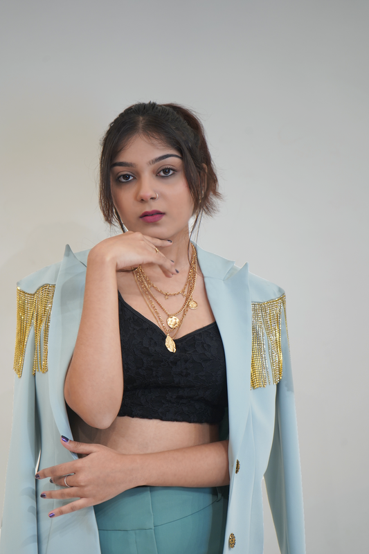 Mint Italian wool crepe Blazer with embellished fringe Shoulder and back details with contrast  dark mint trouser.