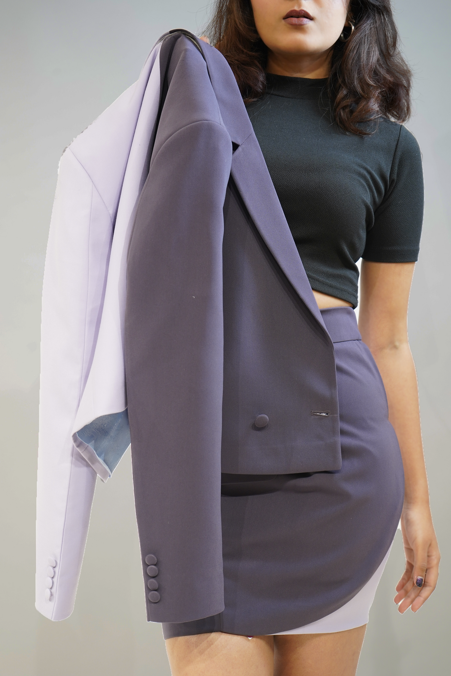 Slaty mauve with colour block pastel Lilac italian wool crepe 2 piece Short blazer with skirt set