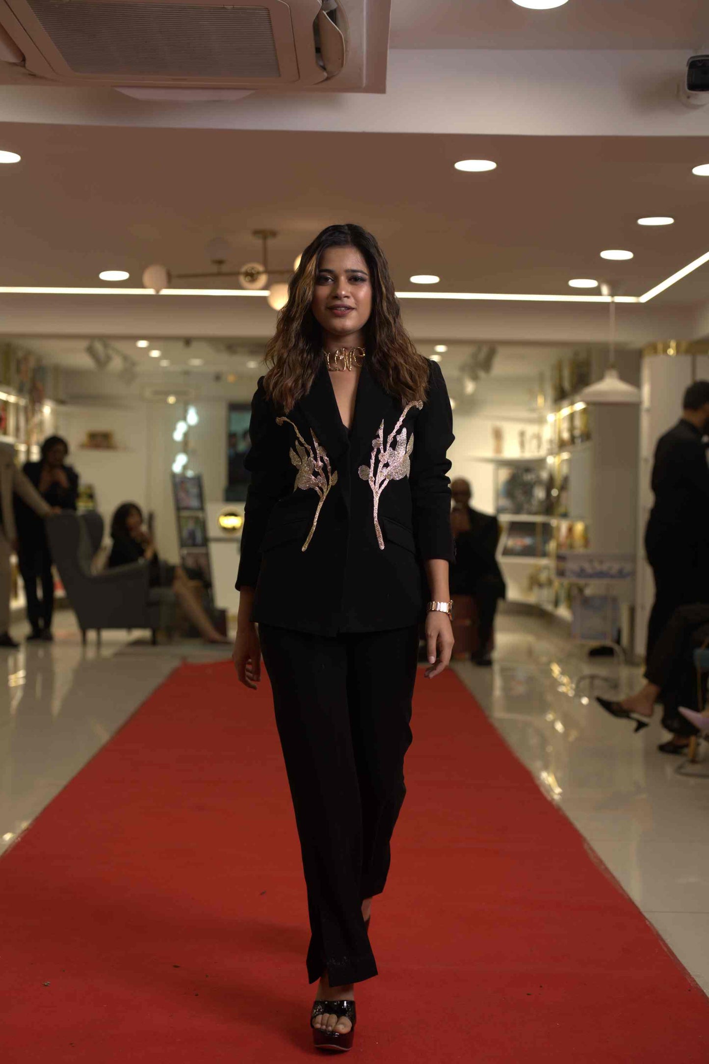 Italian black wool crepe with white and silver hand embroidered blazer and Trouser set