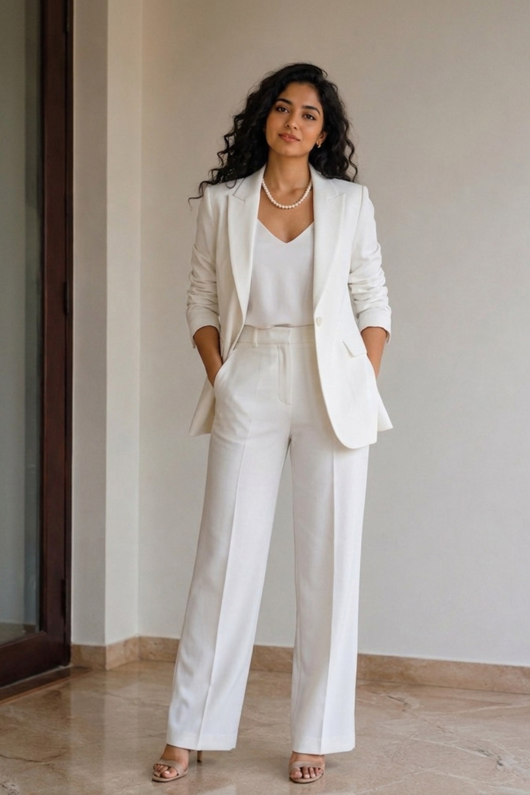 Women’s Ivory White Self-Textured Co-Ord Pant Suit Set | Premium Formal Blazer Outfit