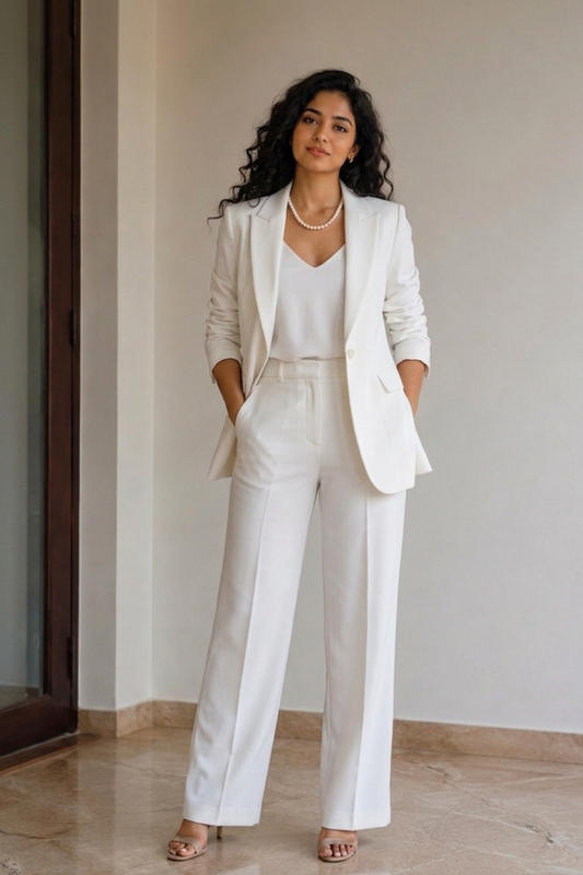 Women’s Ivory White Self-Textured Co-Ord Pant Suit Set | Premium Formal Blazer Outfit