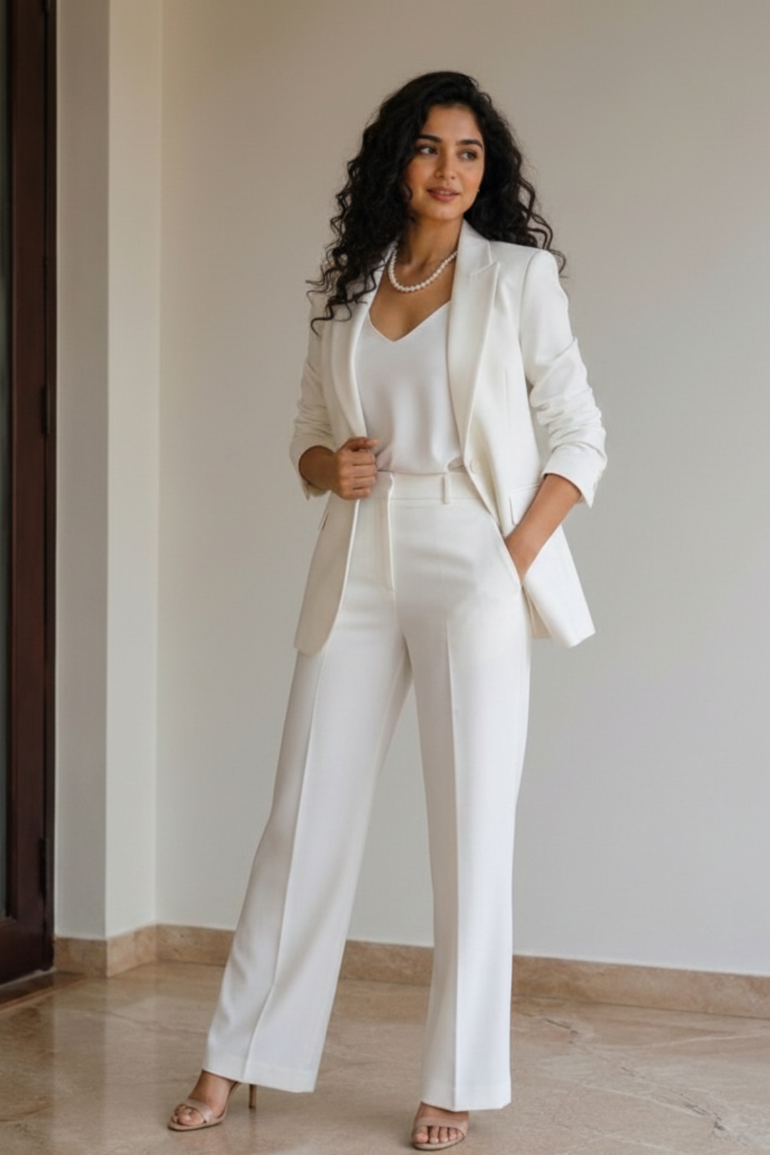 Women’s Ivory White Self-Textured Co-Ord Pant Suit Set | Premium Formal Blazer Outfit