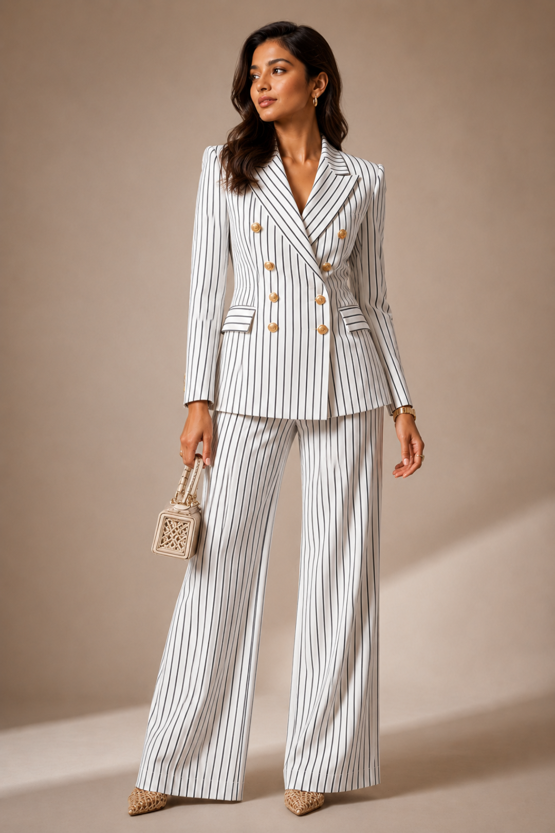White Self-Textured Pinstripe Formal Co-Ord Set