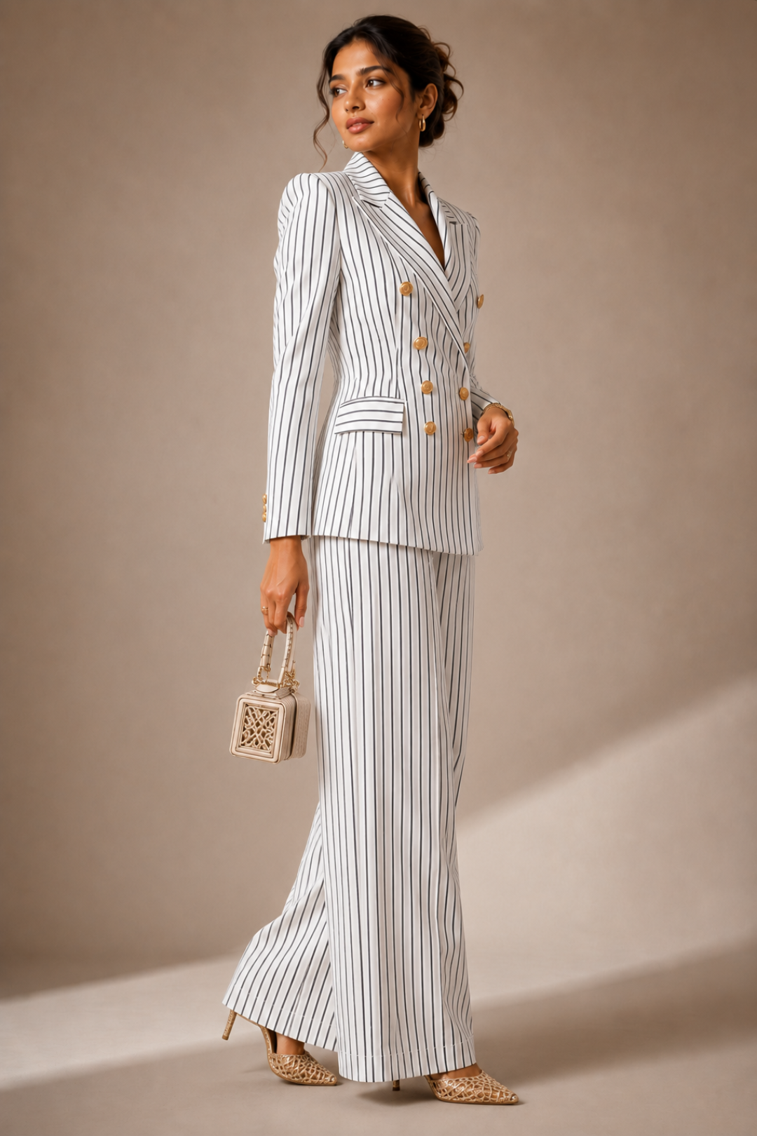 White Self-Textured Pinstripe Formal Co-Ord Set