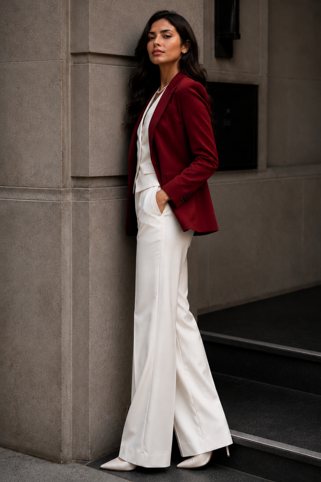 Burgundy Blazer with Ivory & Wide-Leg Trouser Co-Ord Set