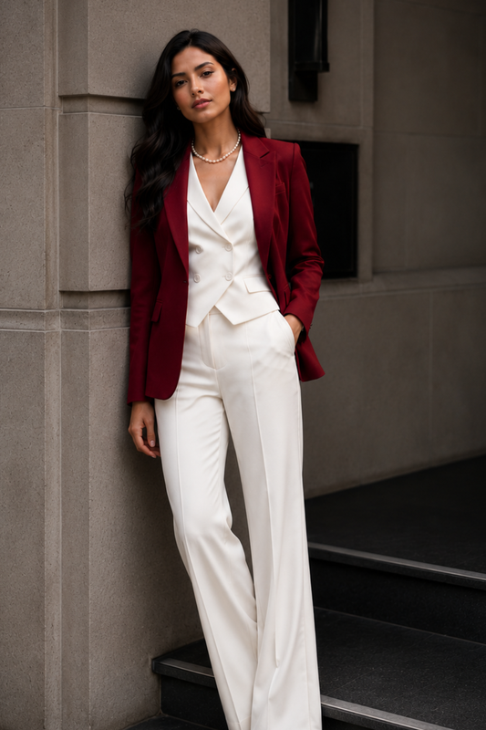 Burgundy Blazer with Ivory & Wide-Leg Trouser Co-Ord Set