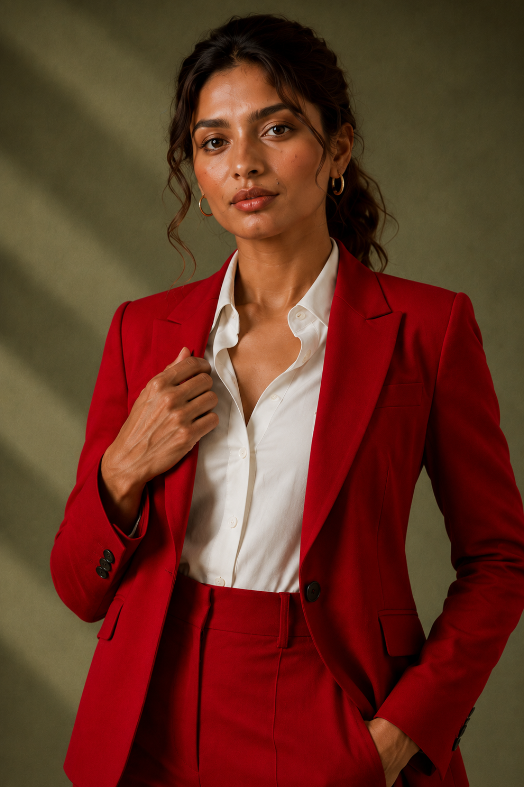 Elegant Red Power Suit for Women | Self Textured Blazer with Tailored Trousers
