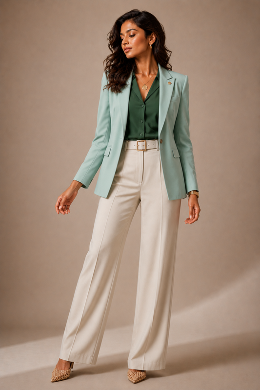 Luxury Mint Green Blazer Suit for Women | Self Textured Formal Trouser Set