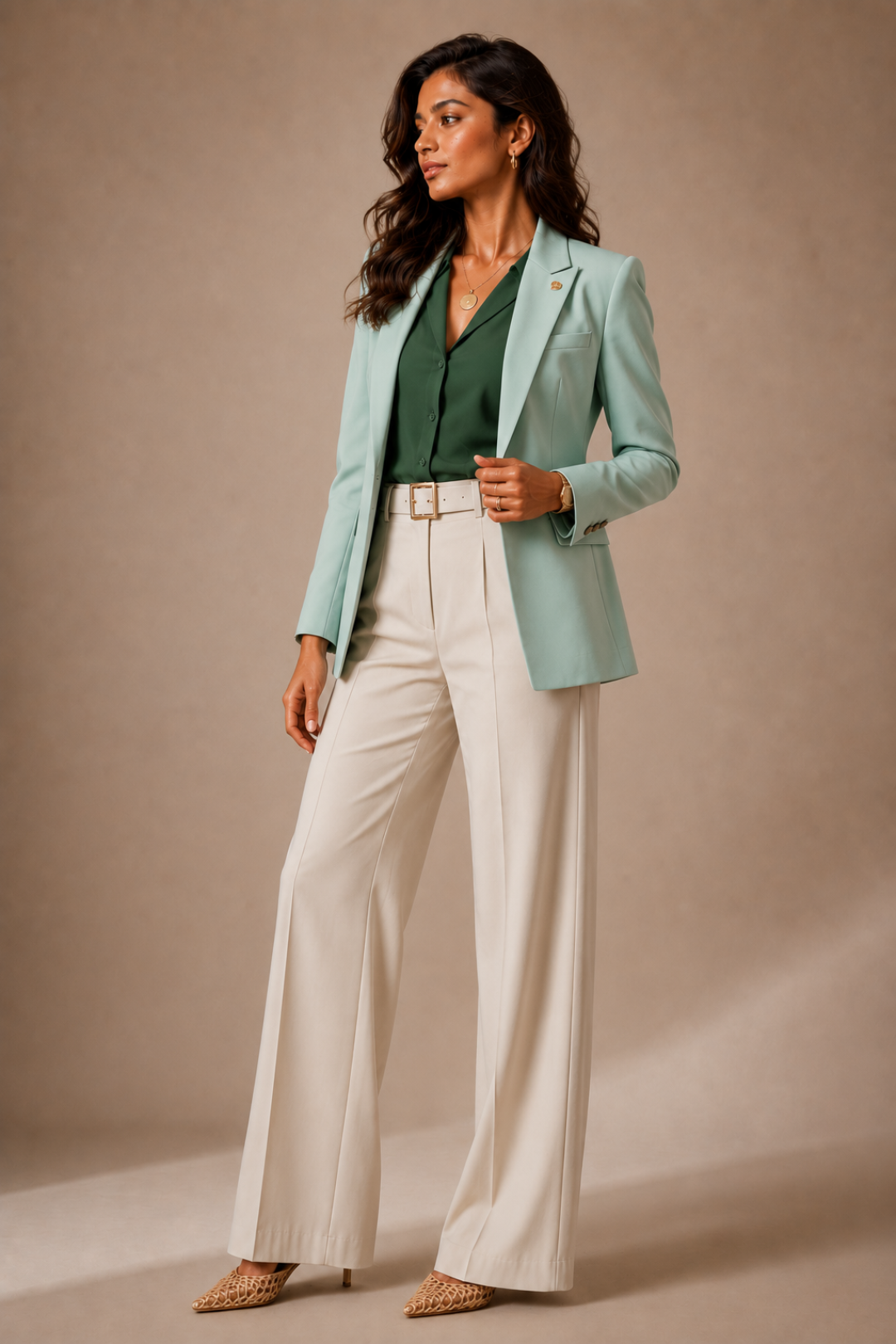 Luxury Mint Green Blazer Suit for Women | Self Textured Formal Trouser Set