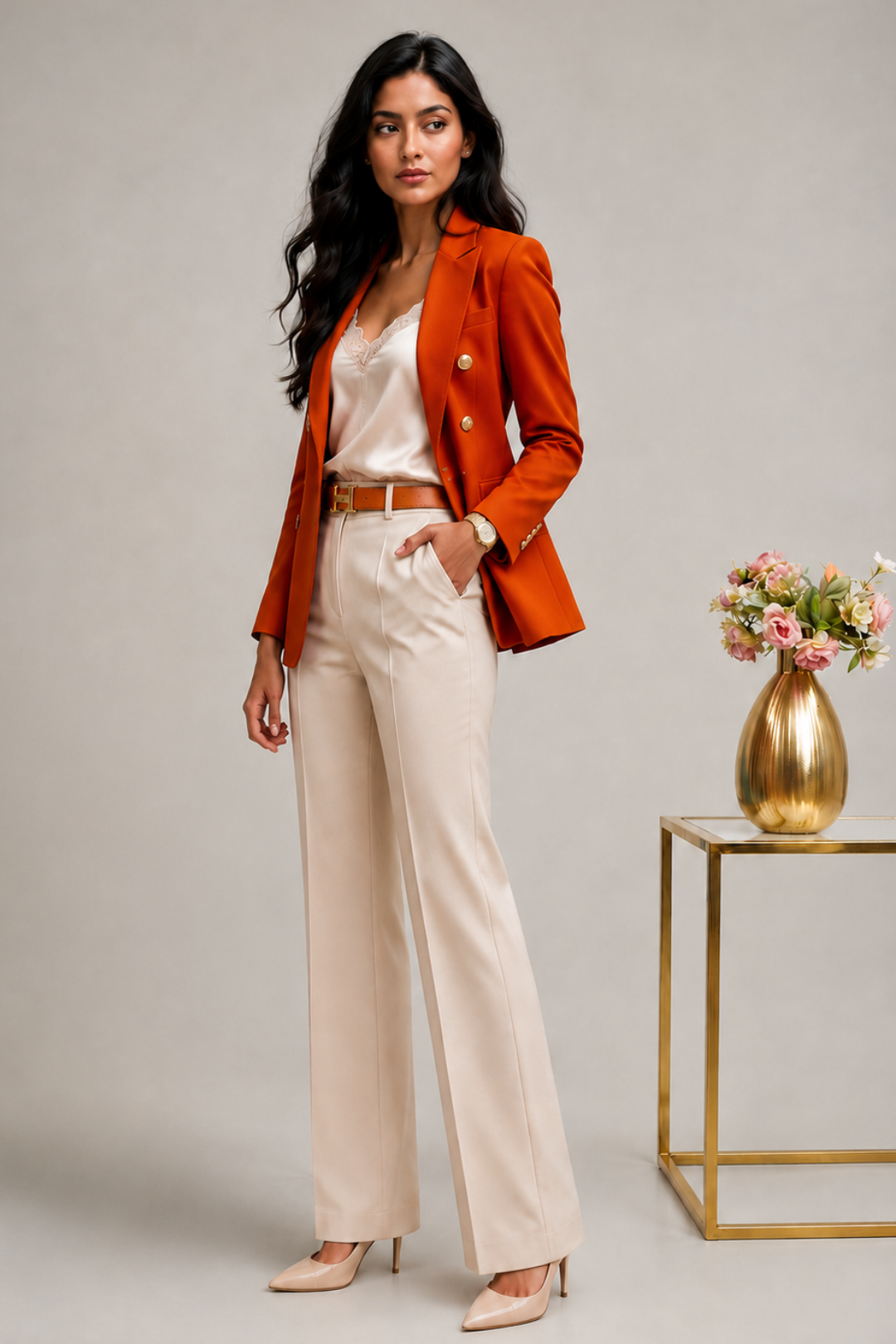 Burnt Orange Self Textured Blazer & Trouser Set for Women | Premium Tailored Formal Suit