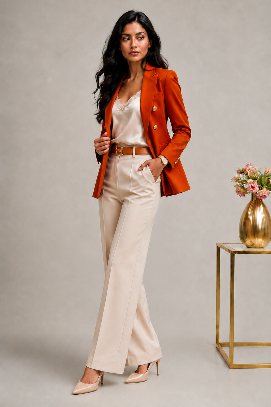 Burnt Orange Self Textured Blazer & Trouser Set for Women | Premium Tailored Formal Suit