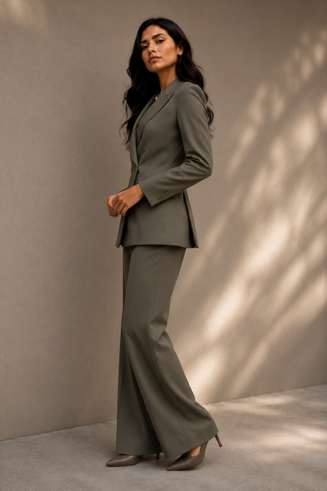 Women's Olive Green Tailored Suit Set | Premium Blazer & Wide-Leg Trousers
