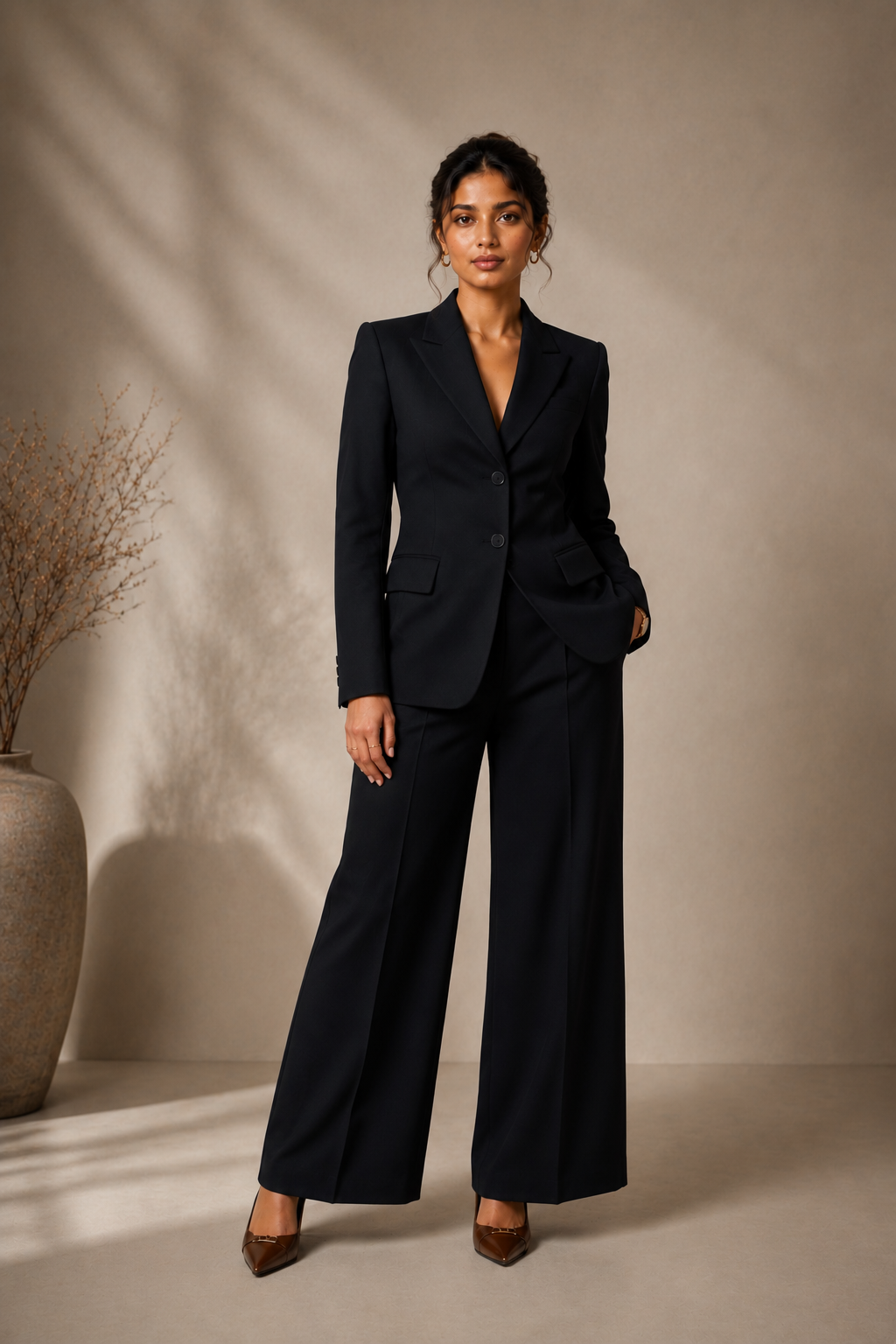 Premium Black Tailored Business Suit Set | Single-Breasted Blazer & Wide-Leg Trousers