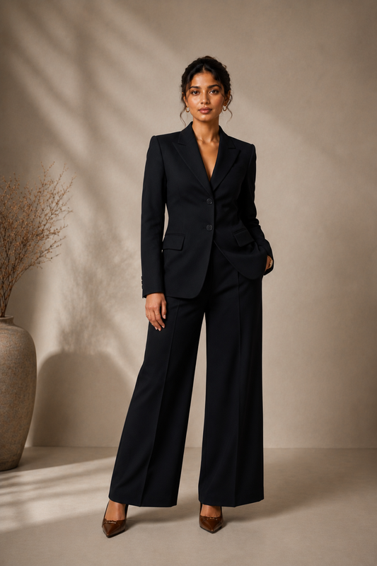 Premium Black Tailored Business Suit Set | Single-Breasted Blazer & Wide-Leg Trousers