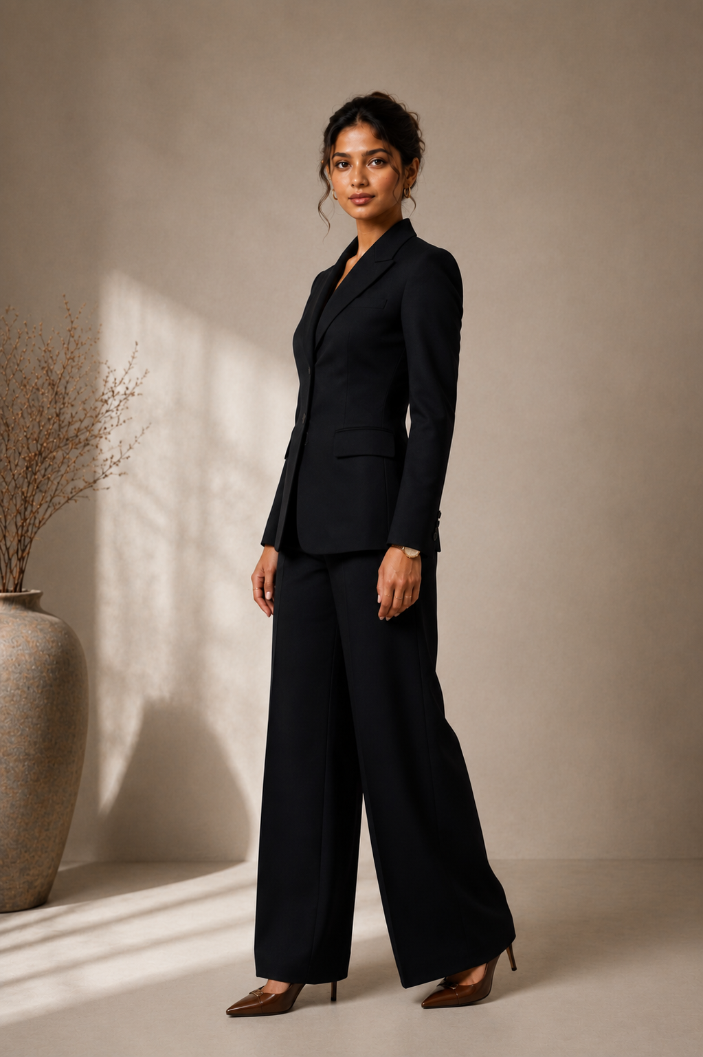 Premium Black Tailored Business Suit Set | Single-Breasted Blazer & Wide-Leg Trousers