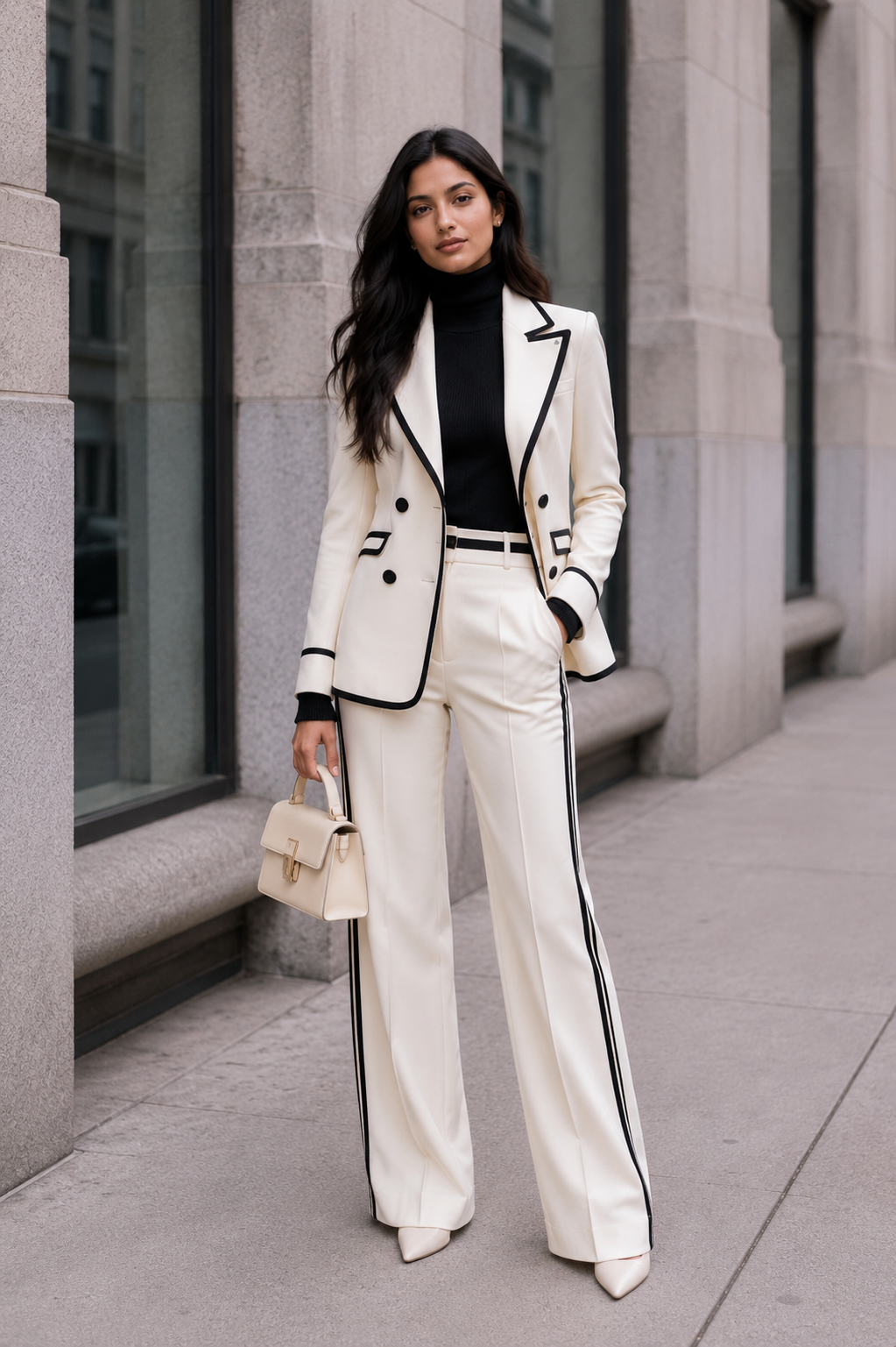 Women's Ivory Contrast Trim Double-Breasted Blazer & Wide-Leg Trouser Co-Ord Set