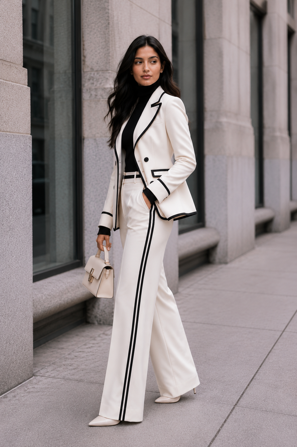 Women's Ivory Contrast Trim Double-Breasted Blazer & Wide-Leg Trouser Co-Ord Set