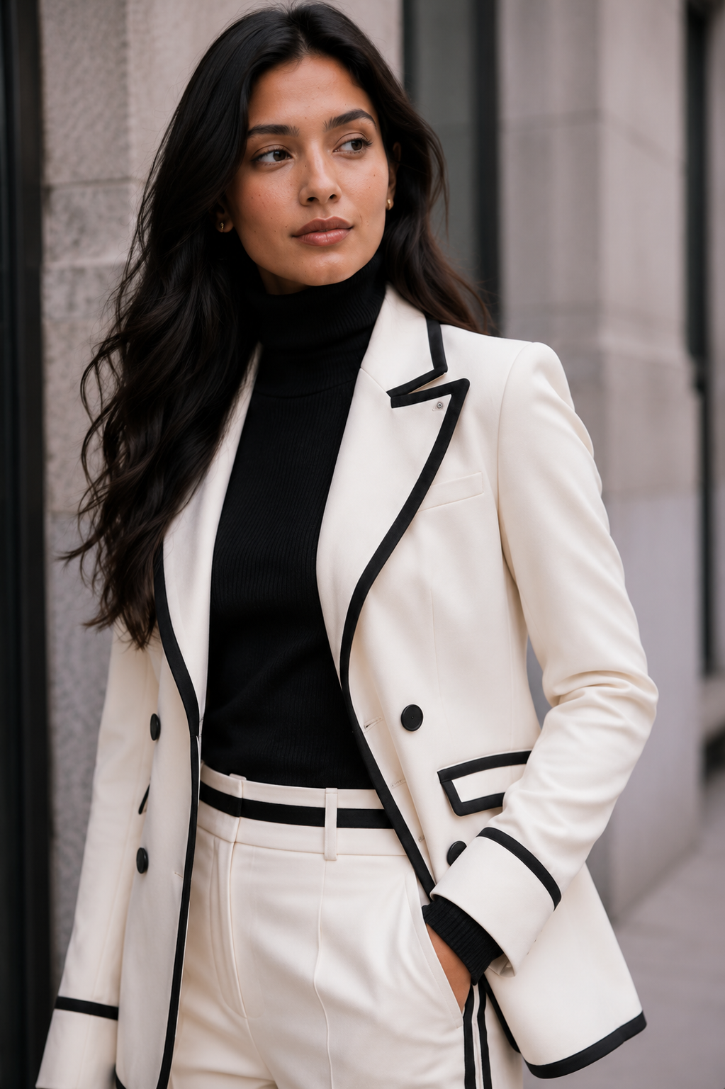 Women's Ivory Contrast Trim Double-Breasted Blazer & Wide-Leg Trouser Co-Ord Set