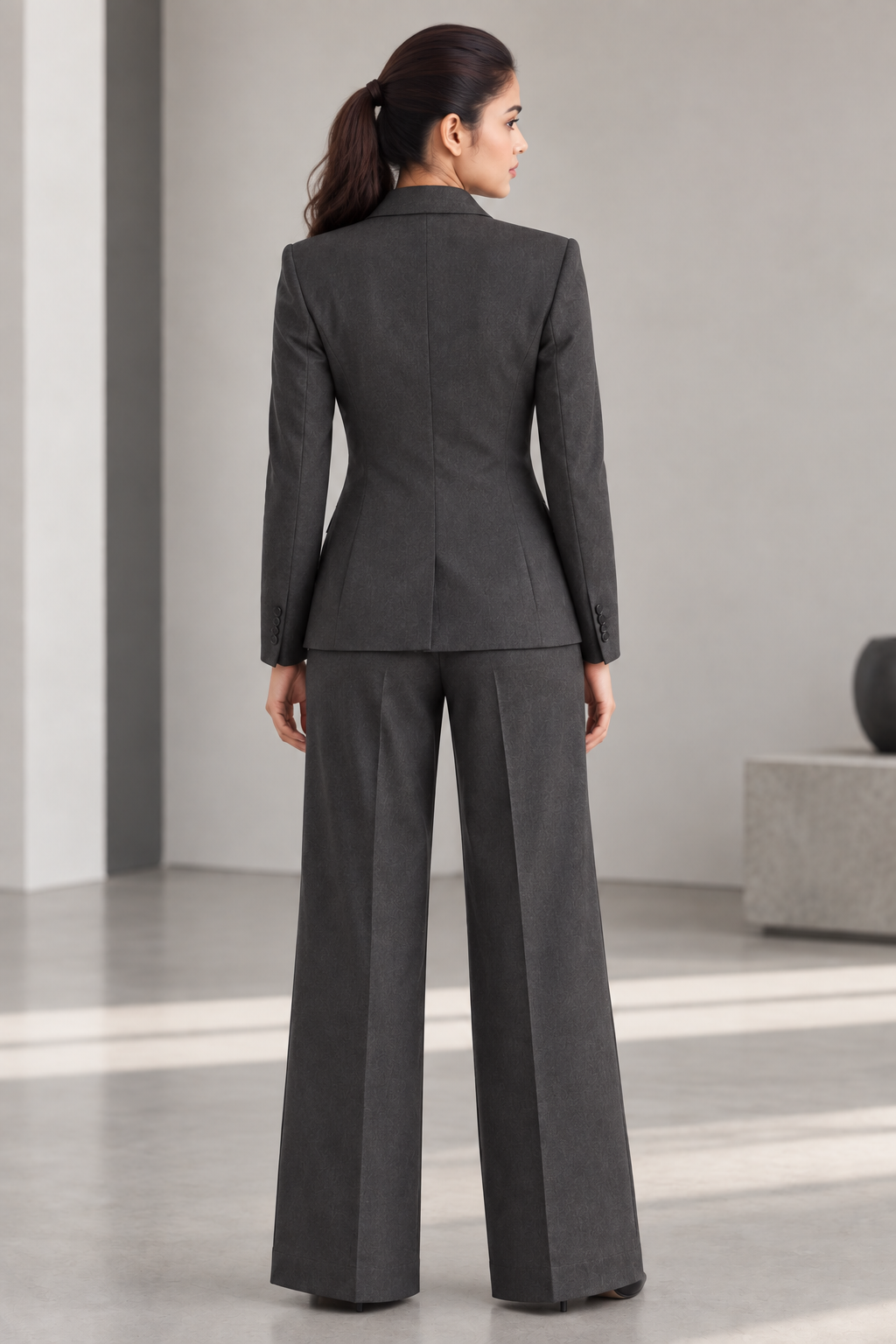Women's Charcoal Grey Double-Breasted Pant Suit