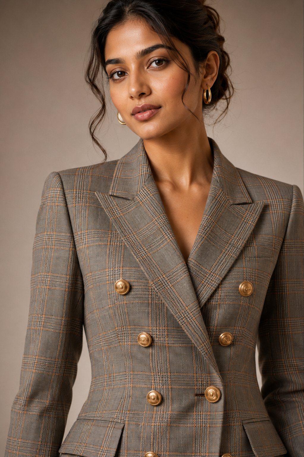 Women's Grey Check Double-Breasted Blazer & Wide-Leg Trouser Suit Set