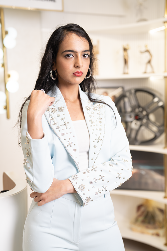 Italian powder blue wool crepe hand embroidered crop blazer and Trouser set.