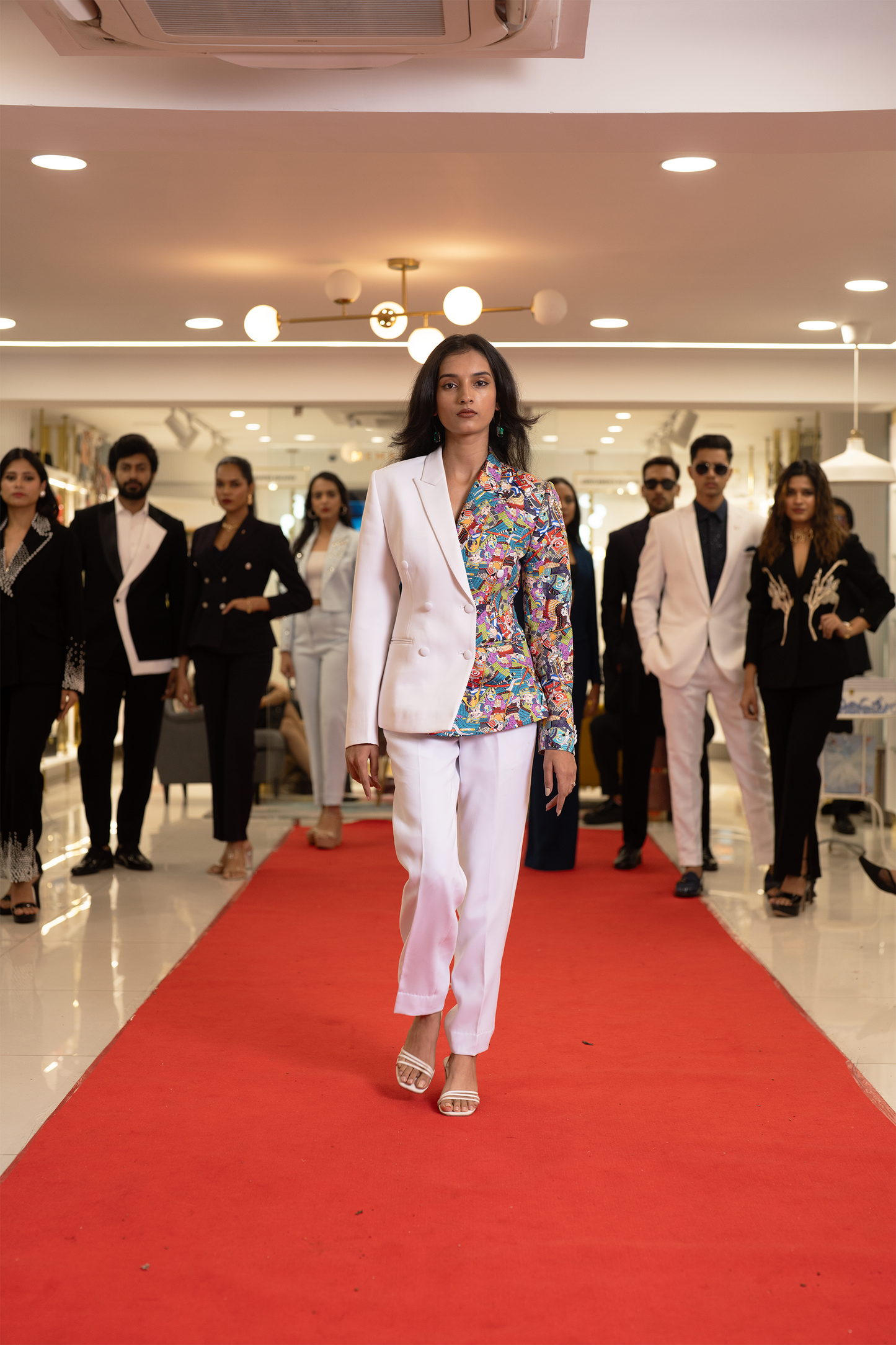 Italian white wool crepe with multi-colour block double breasted blazer and Trouser set