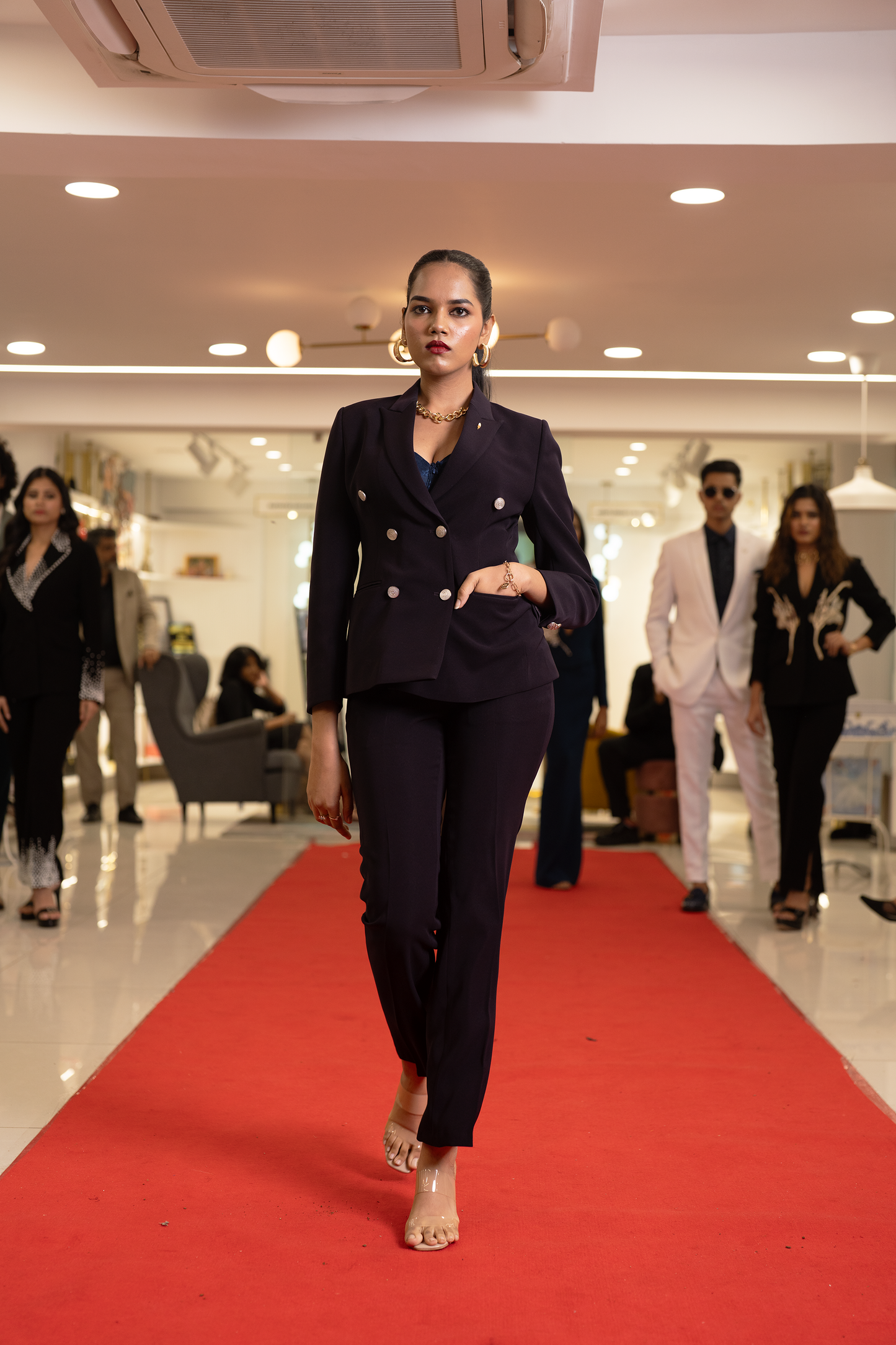 Italian dark Plum wool crepe double breasted blazer and Trouser set.