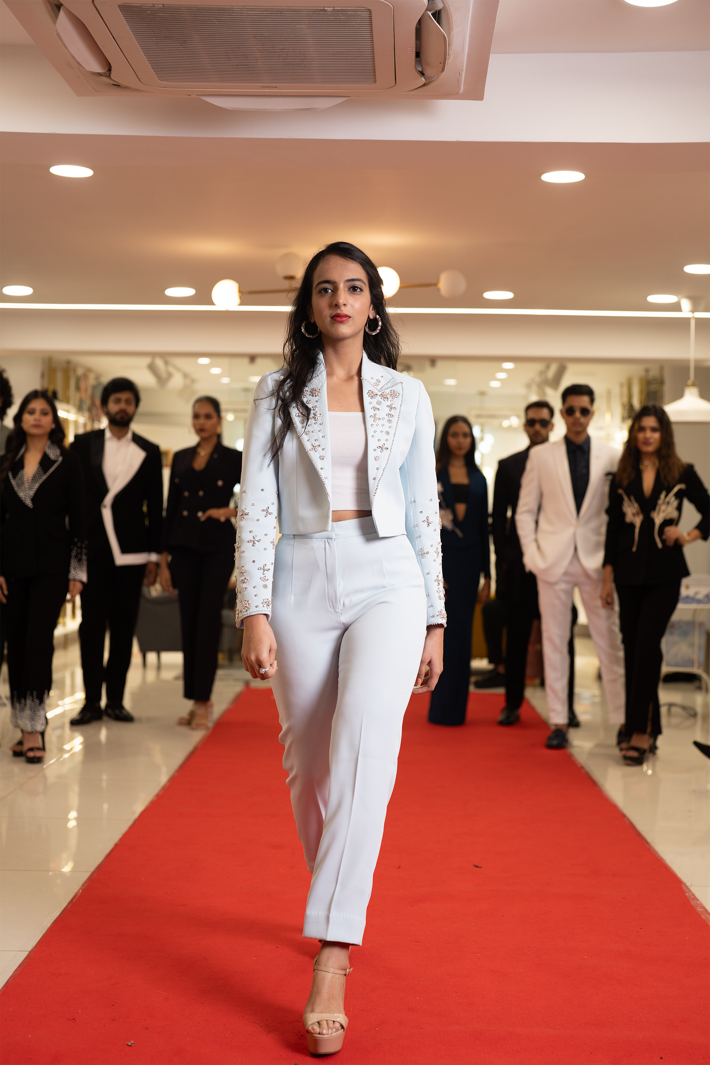 Italian powder blue wool crepe hand embroidered crop blazer and Trouser set.