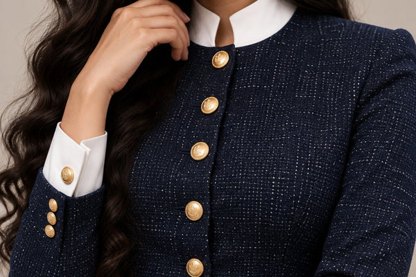 A close-up of a woman wearing a navy blue tweed blazer with gold buttons, white collar and cuffs, paired with a matching skirt. The background is a solid neutral beige.