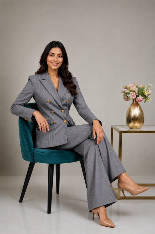 Women's Grey Pinstripe Executive Power Suit.