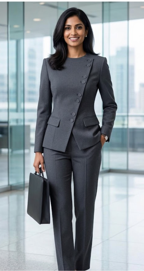 Women's Charcoal Grey Self-Textured Formal Suit Set | Premium Office Wear Blazer & Trousers