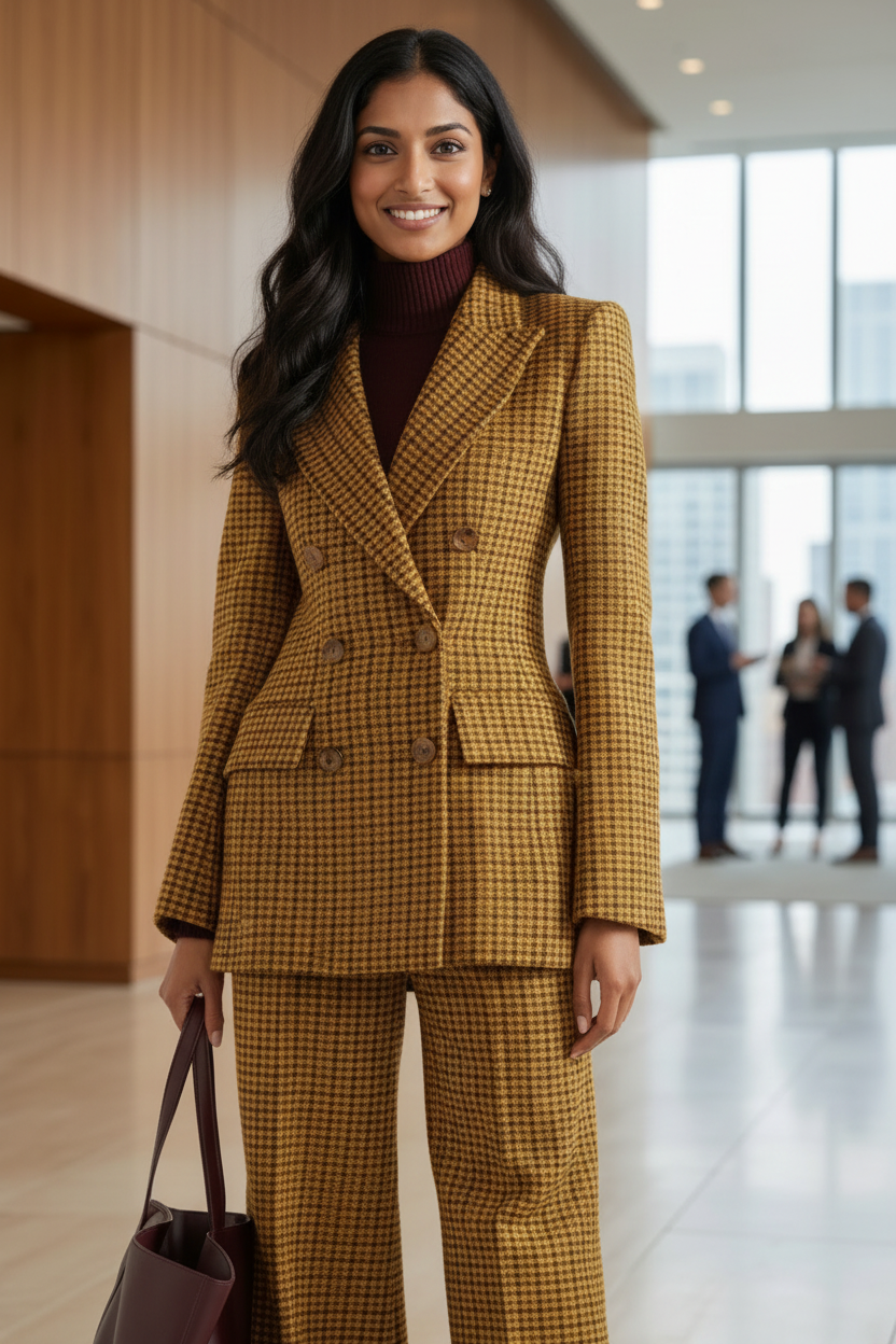 Women's Mustard Self-Textured Double-Breasted Business Suit Set | Premium Blazer & Wide-Leg Trousers