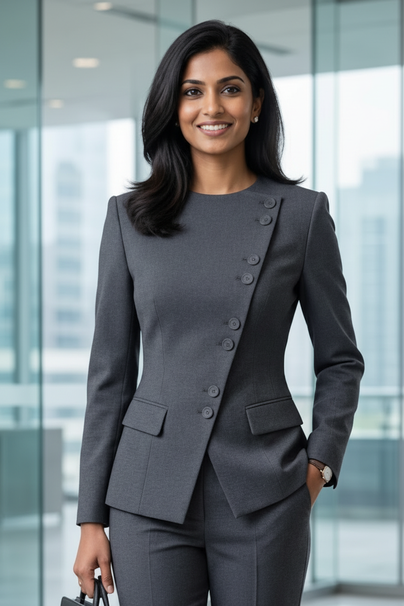 Women's Charcoal Grey Self-Textured Formal Suit Set | Premium Office Wear Blazer & Trousers