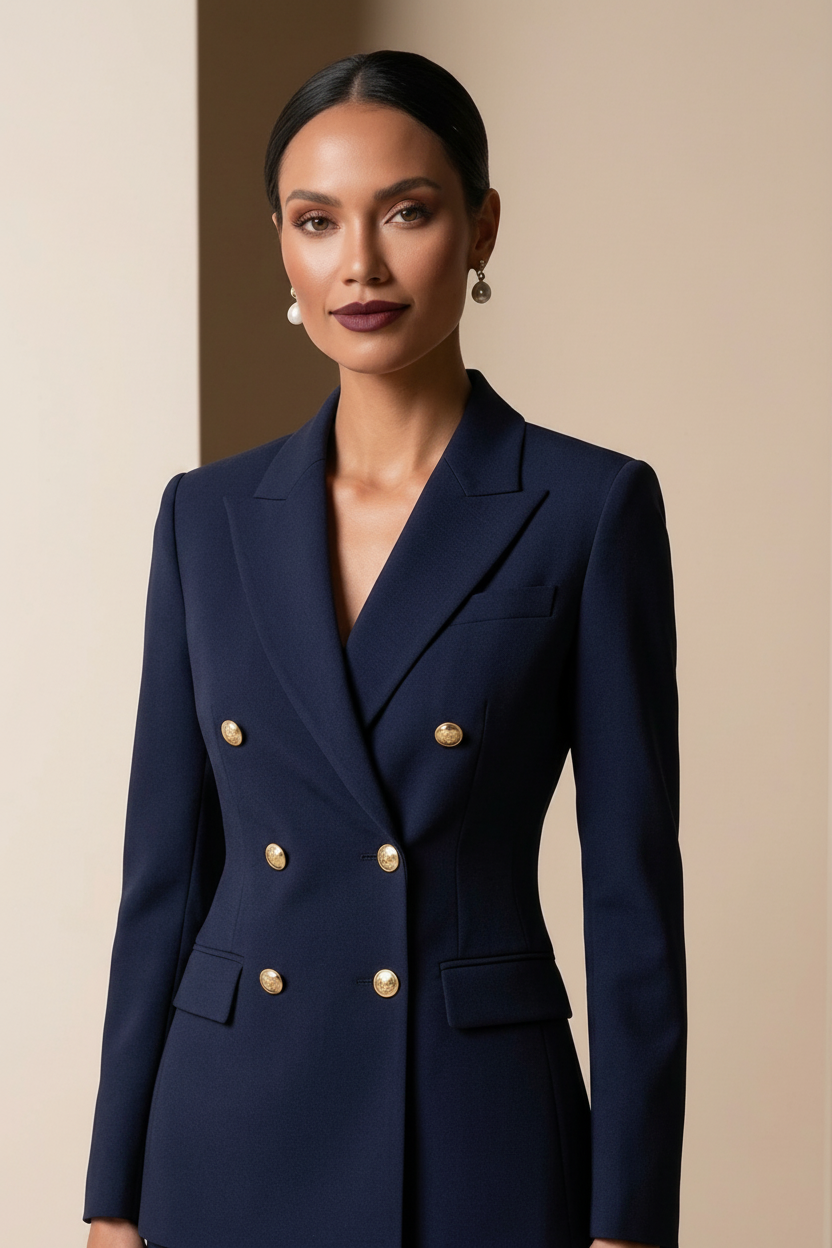 Luxury Navy Blue Self-Textured Power Suit for Women