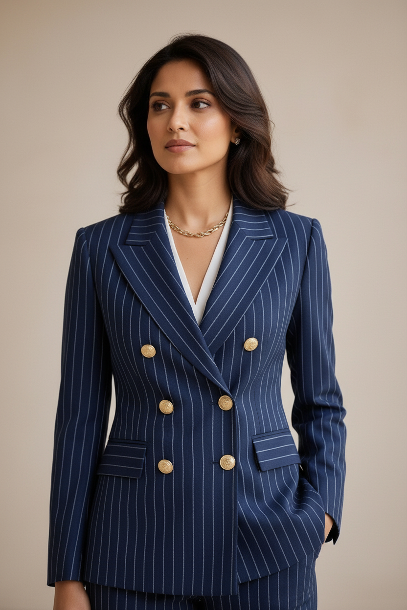 Premium Navy Blue Pinstripe Women's Blazer & Trouser Set