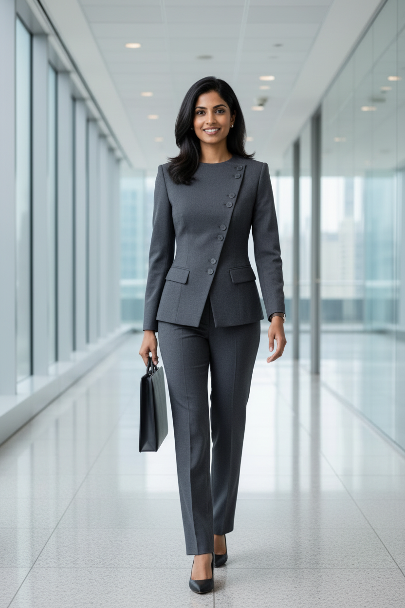 Women's Charcoal Grey Self-Textured Formal Suit Set | Premium Office Wear Blazer & Trousers