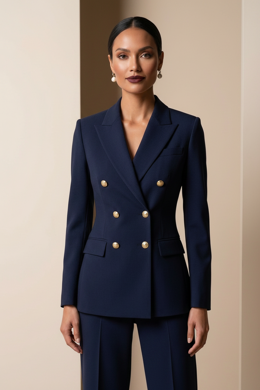 Luxury Navy Blue Self-Textured Power Suit for Women