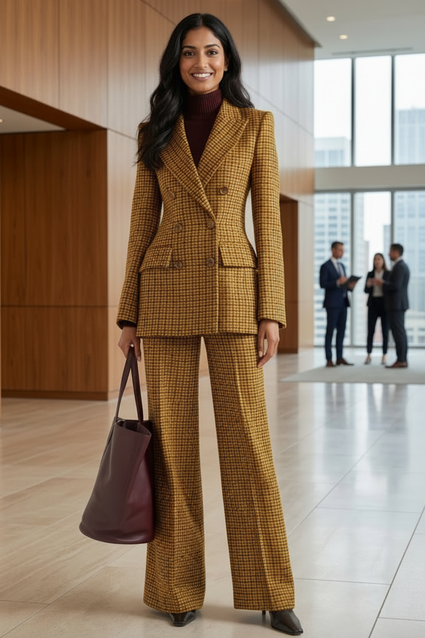 Women's Mustard Self-Textured Double-Breasted Business Suit Set | Premium Blazer & Wide-Leg Trousers