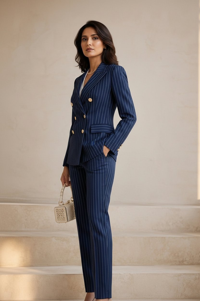 Premium Navy Blue Pinstripe Women's Blazer & Trouser Set